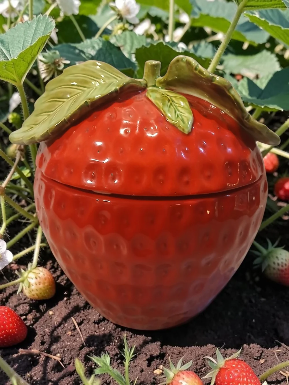 Red Ceramic Strawberry Candle Jar with Green Leaf Lid